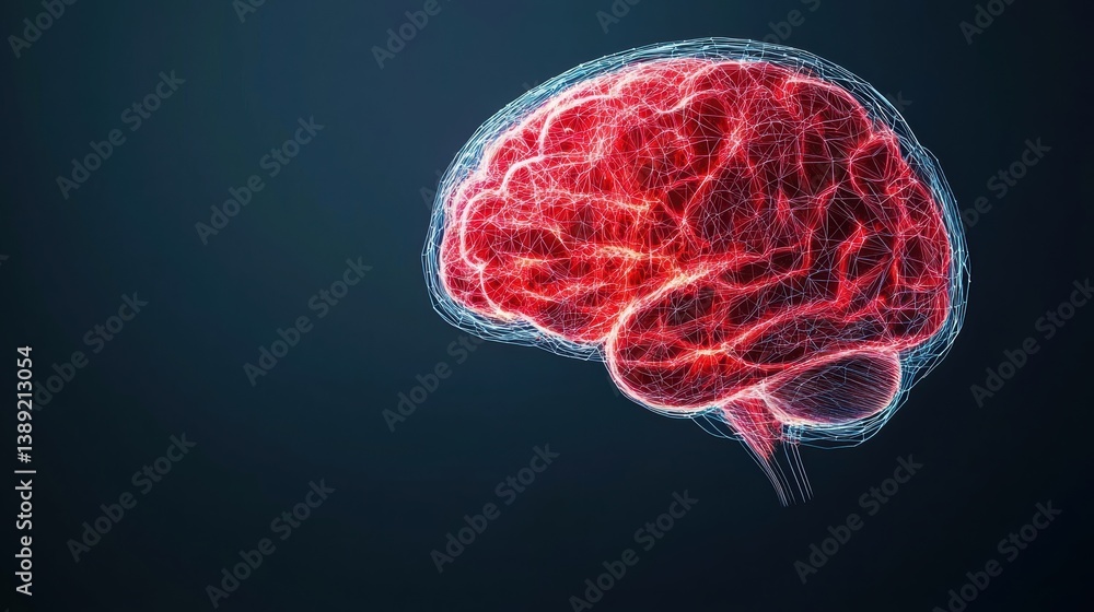Poster A vibrant representation of a human brain showcasing neural pathways and activity in striking red colors against a dark background.
