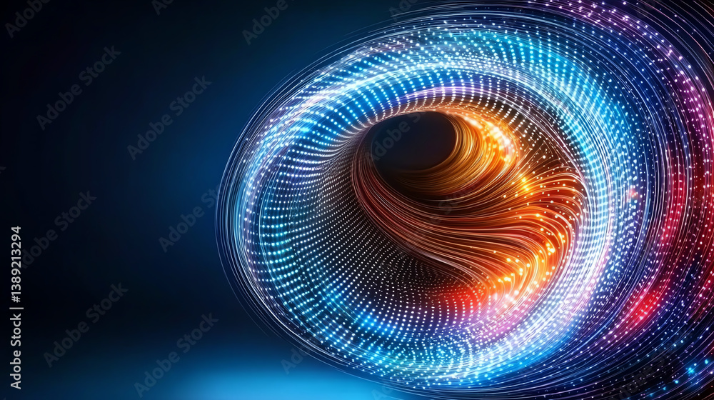 Poster a vibrant swirl of colorful lights creating a dynamic, futuristic effect against a dark background, 