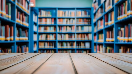 Wooden Table in Front of Colorful Bookshelves in a Modern Library Setting