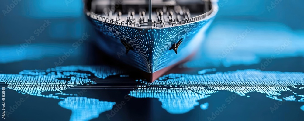 Poster cargo ship in digital world map for global trade logistic concept. a model ship navigating over a di