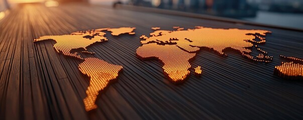 Naklejka premium Cargo ship in global shipping and transportation logistic concept. Illuminated world map design on a wooden surface at sunset.