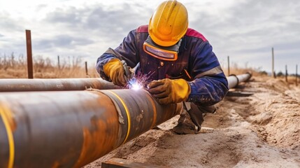 A Hispanic construction worker welding metal pipes. Featuring expertise and care