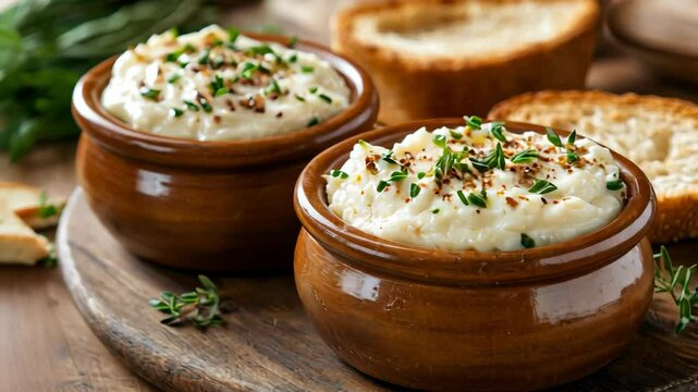 Creamy white bean dip served in rustic ceramic bowls with toasted bread slices for dipping, garnish with herbs on a wooden board.