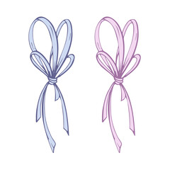 Satin, small, simple bow made of fabric, thin ribbons. Graphic sketch illustration hand drawn line art, outline in blue and pink. Single isolated element vector EPS, for hair decoration, clothes gifts