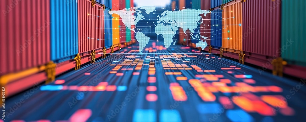 Poster cargo ship in digital world map for global trade logistic concept. colorful shipping containers line