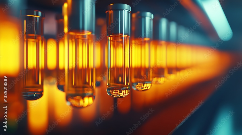 Poster Close-Up of Glass Test Tubes Filled with Golden Liquid Backlit by Warm Orange Light in a Laboratory Setting : Generative AI