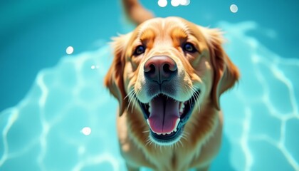 Golden retriever happily swimming in clear blue pool, water splashing under the sun's rays. Pet campaigns, outdoor activities, and lifestyle advertisements.