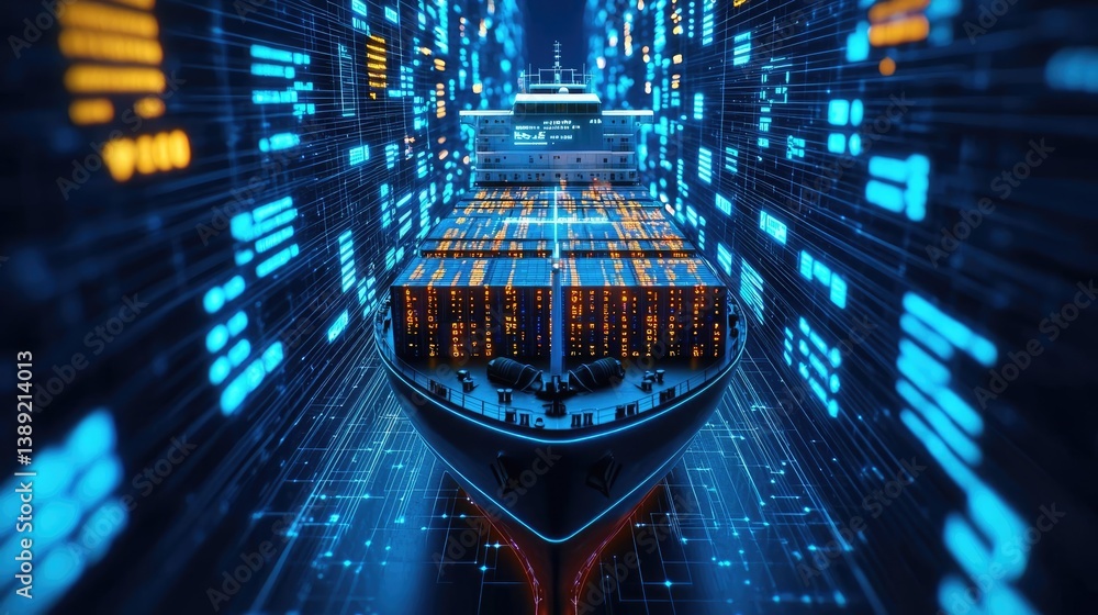 Poster cargo ship in digital world map for global trade logistic concept. futuristic cargo ship navigating 