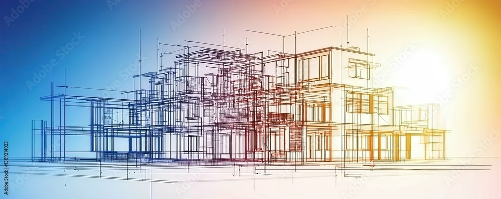 Poster a blueprint illustration of a multi-level building with a gradient background, showcasing architectu
