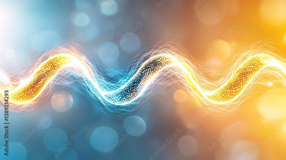 Poster a vibrant wave of colorful light generated by glowing particles, creating a mesmerizing visual effec