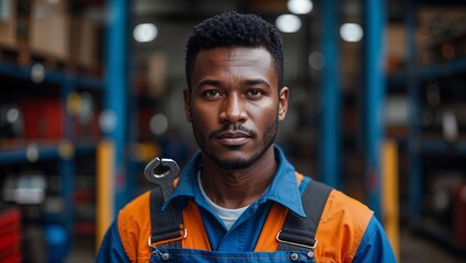 Confident Warehouse Worker Portrait in Orange Safety Vest with Industrial Background, Bokeh Lighting, and Professional Close-Up Focus