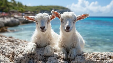 Obraz premium Two white baby goats on rocks, sea visible in background