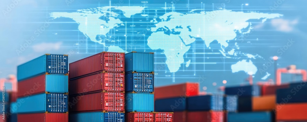Poster cargo ship in global shipping and transportation logistic concept. colorful shipping containers stac