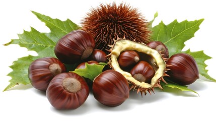 Freshly Harvested Chestnuts with Green Leaves on White Background Celebrating Autumn bounty