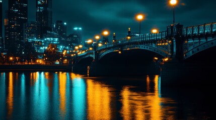 City Bridge at Night with Reflections in River and Skyline View