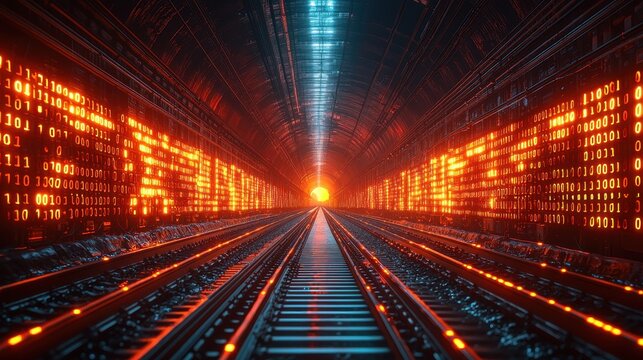 A powerful wave of binary code crashes against the shores of cyberspace, symbolizing the unstoppable force of digital transformation and AI-driven progress. The motion and energy of the scene 