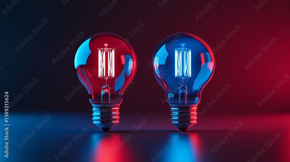 Poster two light bulbs illuminated with red and blue light on a reflective surface in a dark setting