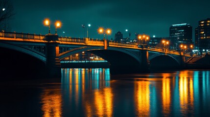 Illuminated Bridge Over Water at Night with City Skyline Reflection