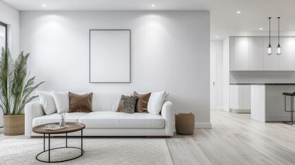 Stylish Frame Mockup Set Against a Chic White Modern Living Room Interior Elegant Home Decor Concept