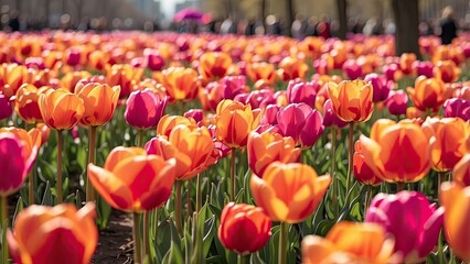 "A Lively Park in Spring: Golden Sunset and Vibrant Flowers in Full Bloom"