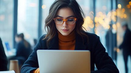 A focused woman in a coat working on a laptop in a busy office.