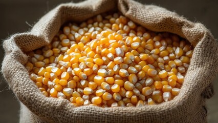 Yellow corn kernels in a burlap sack displayed in a rustic setting