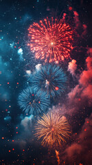 Red, blue, and gold fireworks bursting in the night sky