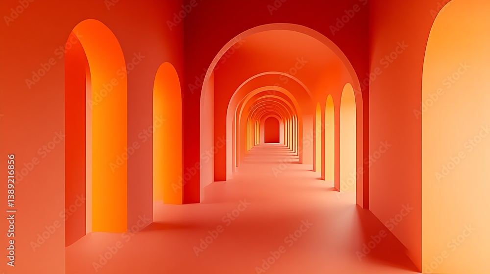 Poster a stunning architectural corridor featuring arches in vibrant orange hues creating an immersive pers