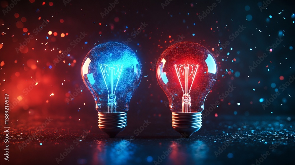 Poster two light bulbs glowing red and blue with bokeh and confetti on a dark background scene setup
