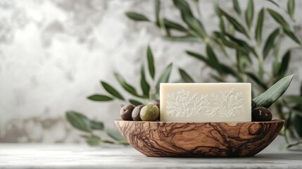 High-resolution photo of an olive branch with leaves and olives in a wooden bowl, featuring olive soap. Highly detailed, perfect for natural product presentation
