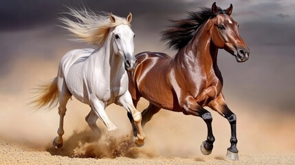 Majestic horses gallop through desert dust, embodying freedom and untamed spirit in golden light.
