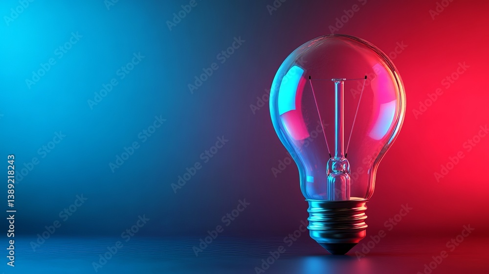Poster a single lightbulb illuminated with blue and red lights against a dark background in a studio settin