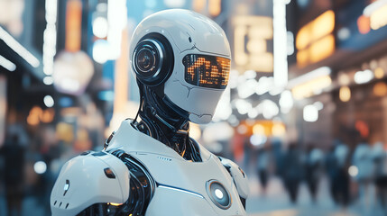 Fototapeta premium Futuristic Robot with HUD in Urban Street