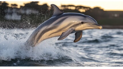 Obraz premium Dolphin leaping over waves at sunset