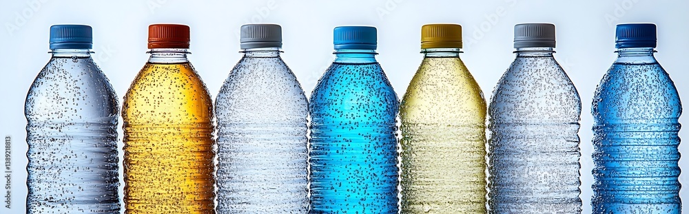 Poster vibrant assortment of mineral water bottles highlighting bubbles and condensation on a gray backdrop