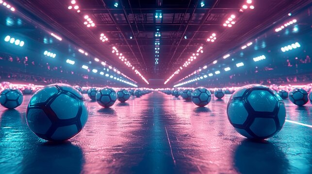 Futuristic Soccer Stadium: Neon Lights and Glowing Balls. A vibrant digital art of a soccer field at night, illuminated with neon lights, showcasing dynamic motion and energy.