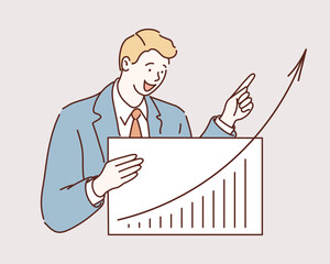 Business growth and development concept, businessman in suit holding presentation with growing graph, doodle vector illustration isolated on white background.