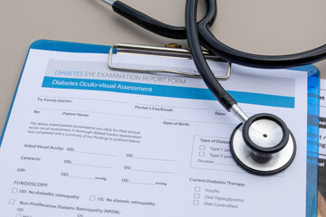 A diagnostic document for diabetic-related vision issues placed in a medical setup.
