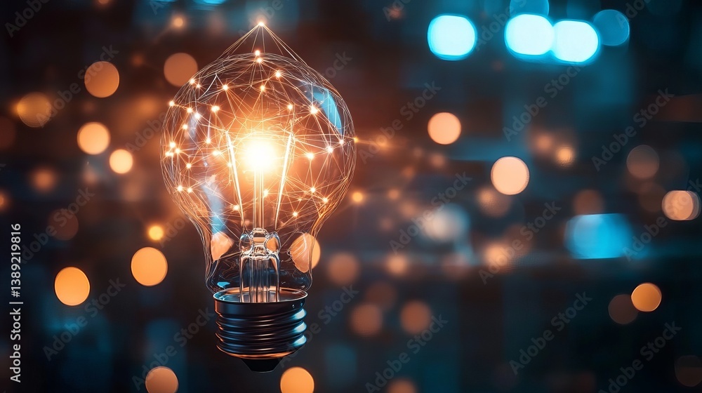 Poster illuminated light bulb with network connections against a bokeh background in a dark setting