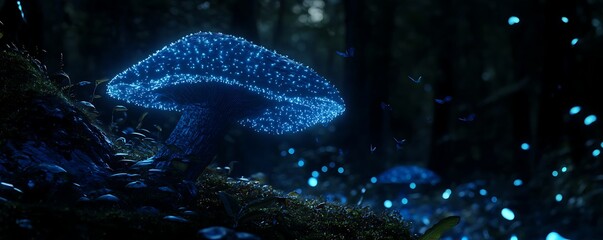 Illuminated glowing blue mushroom in a dark forest scene, a nature themed digital art with glowing effect in the woods