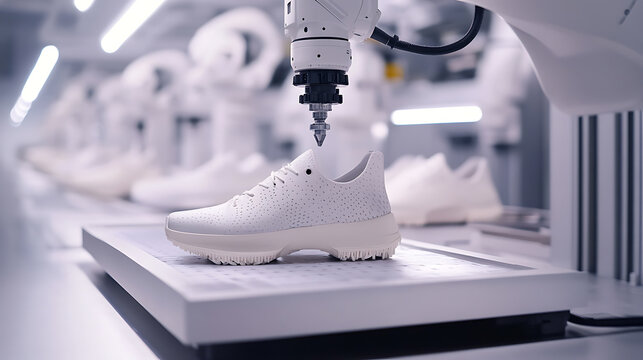 A robotic arm assisting in custom sneaker production, in a futuristic footwear lab with AI-generated design patterns, Fashion technology style - Powered by Adobe
