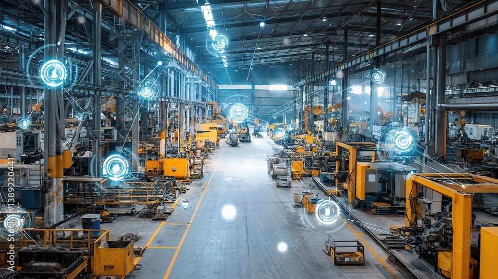 Poster heavy machinery in factory setting with digital overlay elements