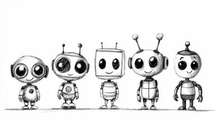 Cute and Playful Cartoon Robots in a Line Drawing Style