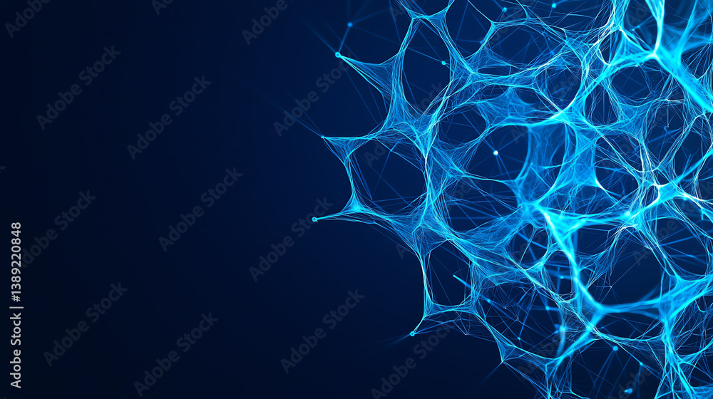 Poster Abstract blue network structure showcasing interconnected nodes and lines, representing modern technology and digital innovation.