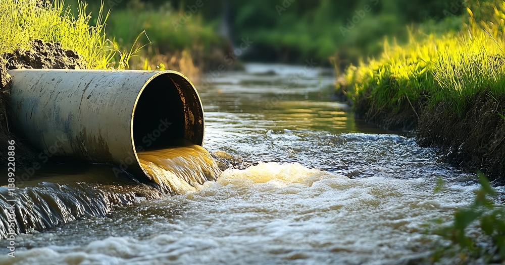 Poster concrete drainage pipe releasing contaminated water into a stream surrounded by lush grass : generat