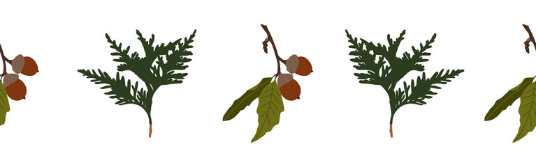 Border leaves and nuts on a white background. Hand-drawn illustration. Perfect for spring and summer.
