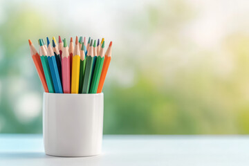 A striking display of colored pencils in a modern white holder on a pristine white surface. This stylish arrangement showcases the vibrant hues and elegant simplicity of art supplies.