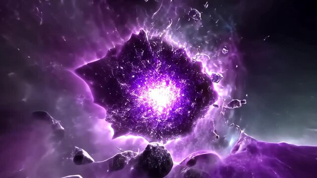 Dramatic rendering of a radiant purple core bursting in a stellar nebula, celestial light and cosmic clouds swirl around fragments.