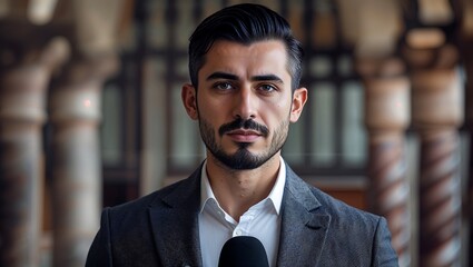 Stylish Business Portrait Featuring a Well-Dressed Man with a Strong Jawline, Focused Look, and Contemporary Office Background