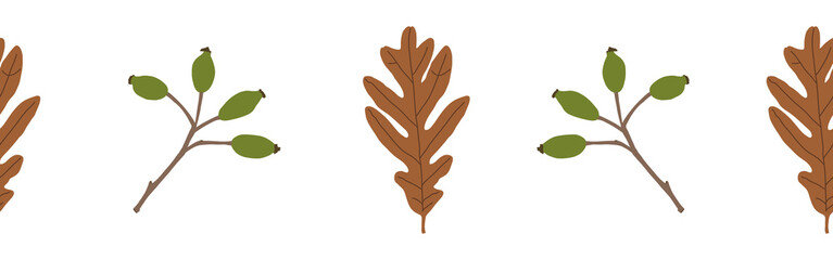 Obraz premium Border leaves and berries on a white background. Hand-drawn illustration. Perfect for spring and summer. 
